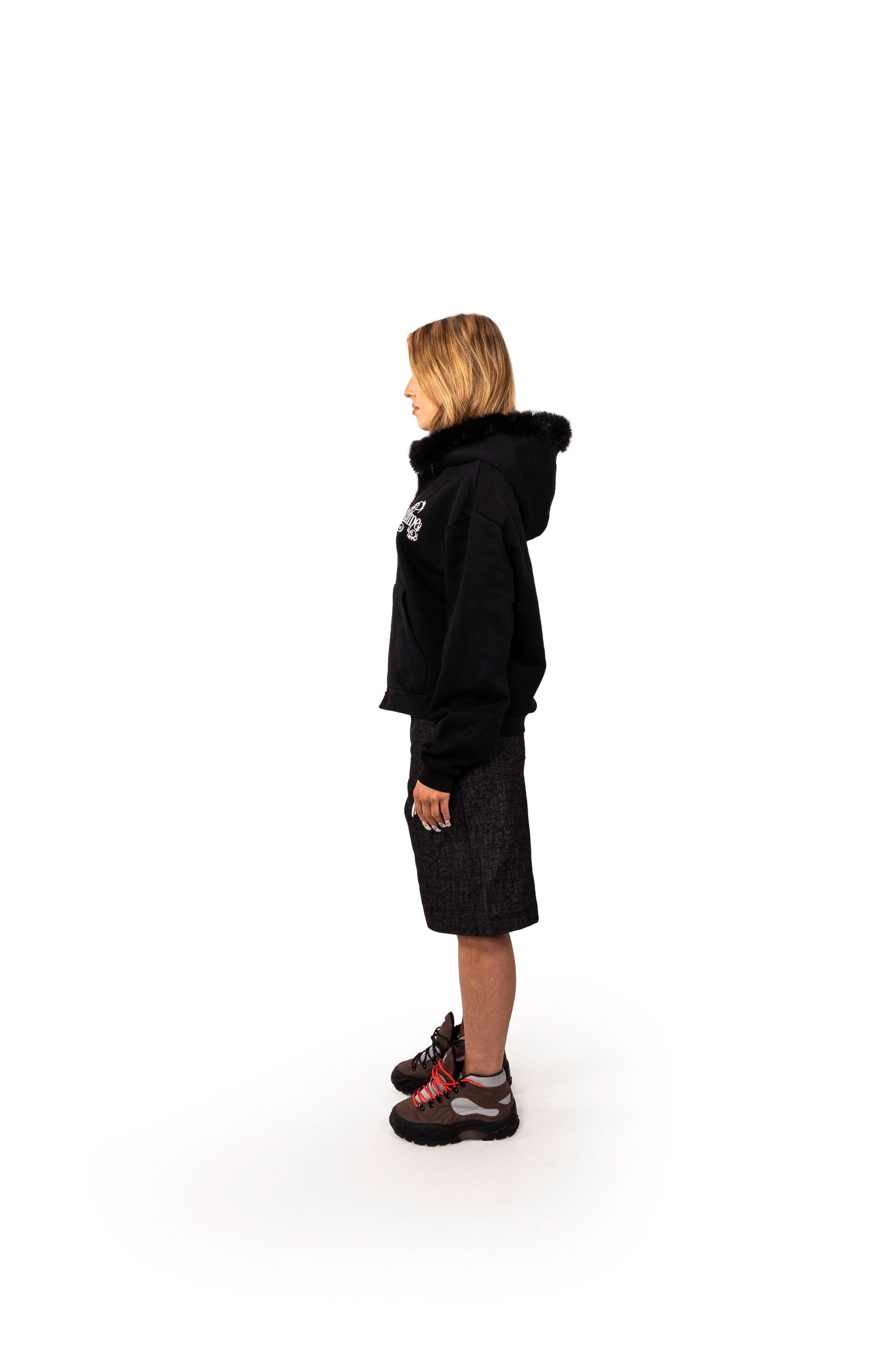 BLACK ZIP UP FUR HOODIE