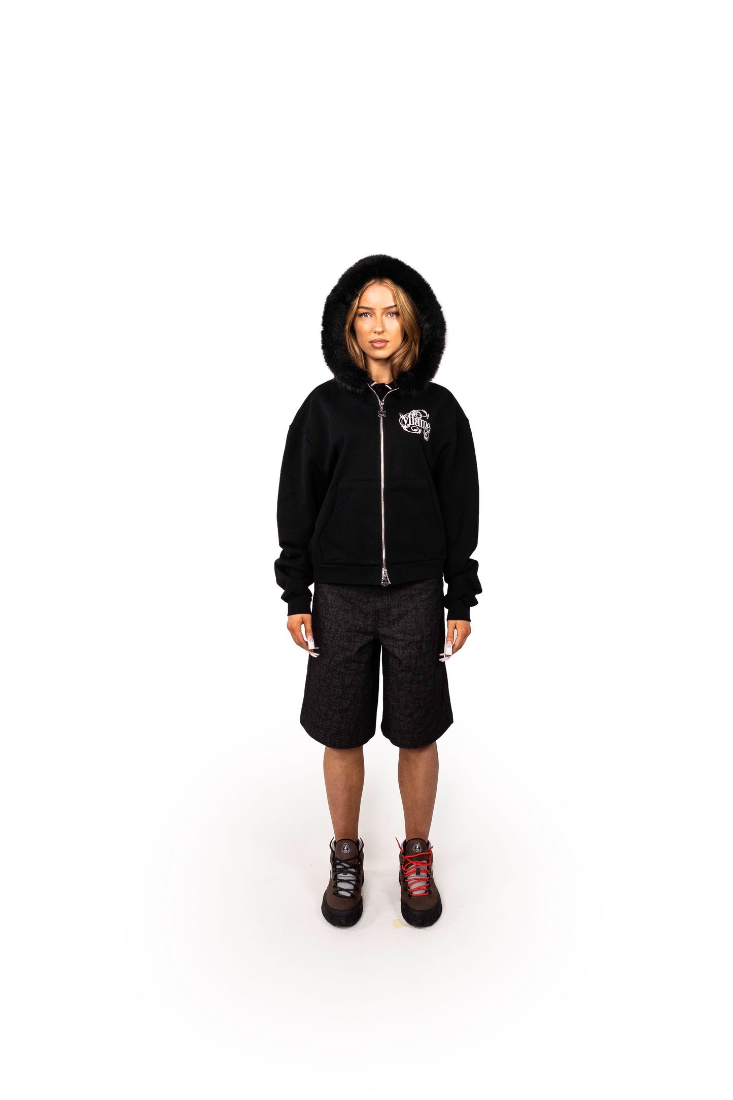 BLACK ZIP UP FUR HOODIE