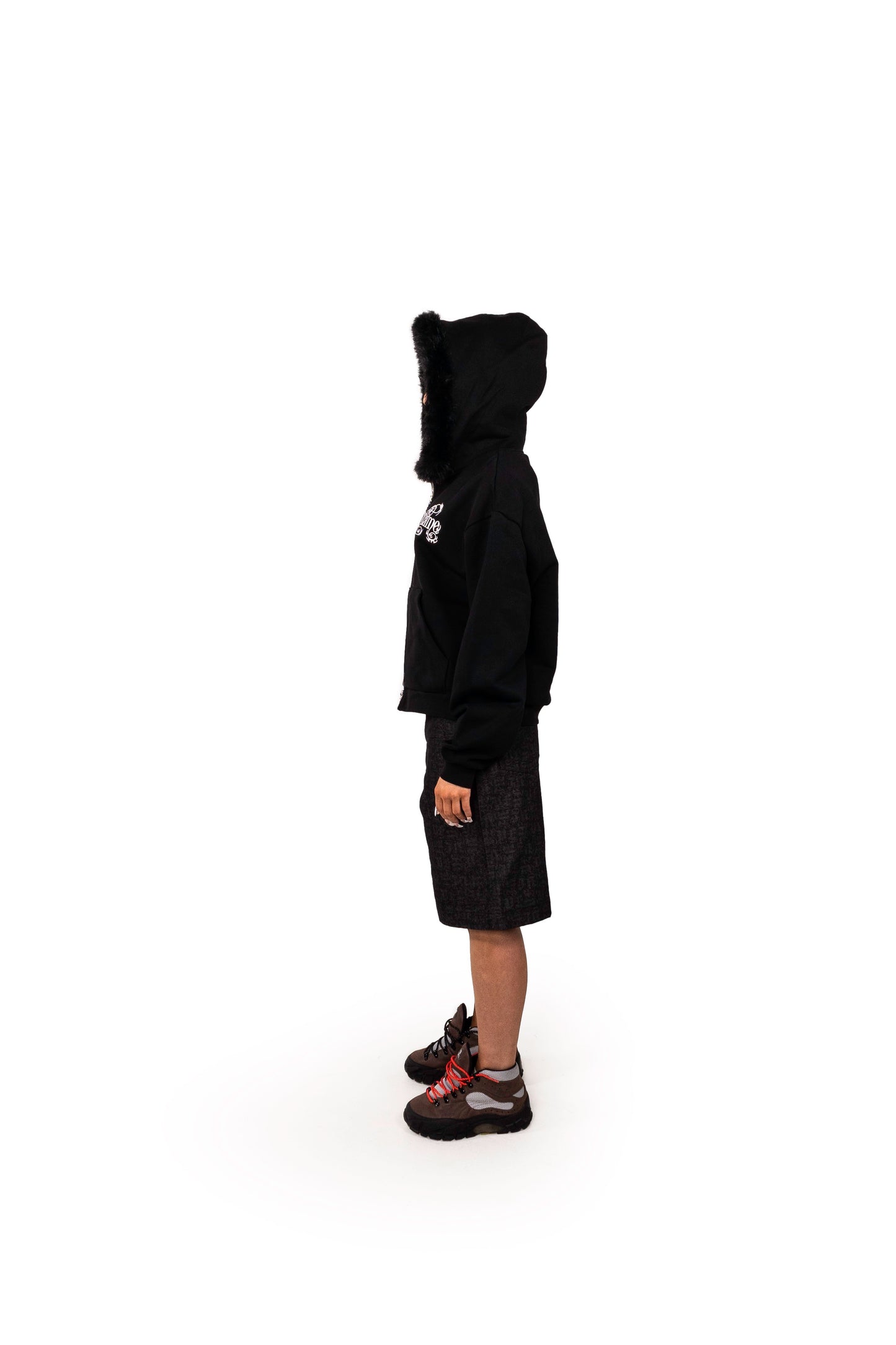 BLACK ZIP UP FUR HOODIE