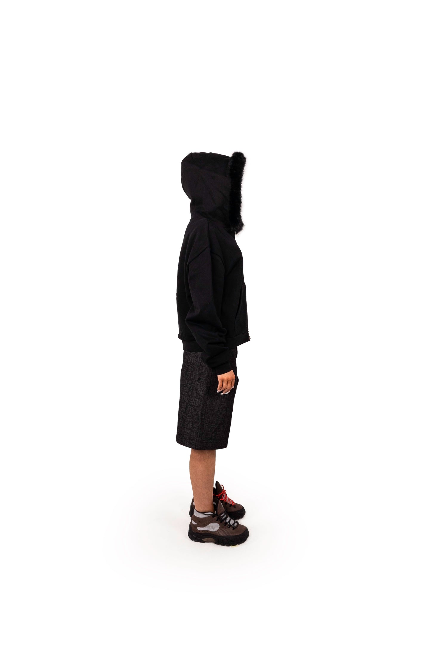 BLACK ZIP UP FUR HOODIE