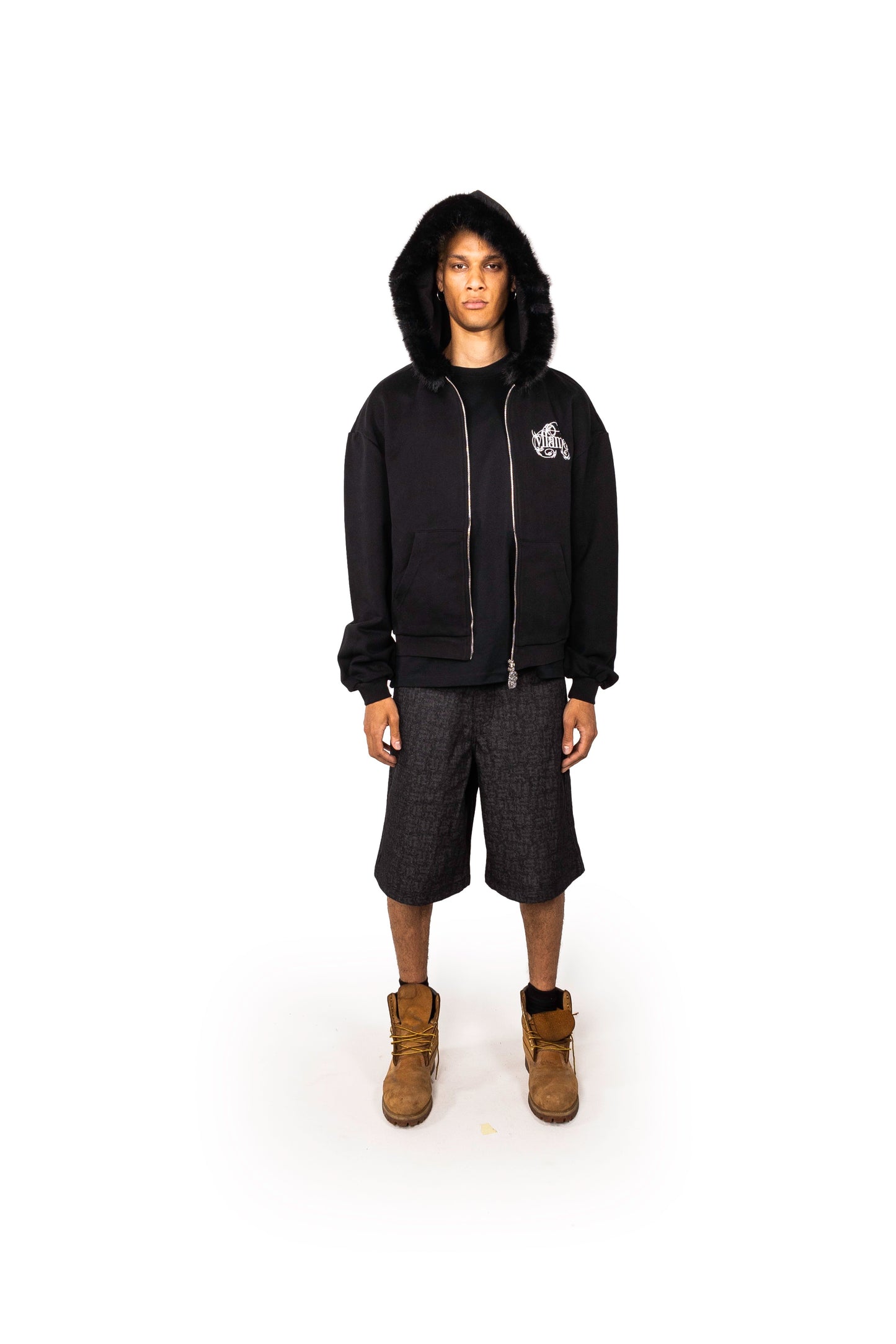 BLACK ZIP UP FUR HOODIE