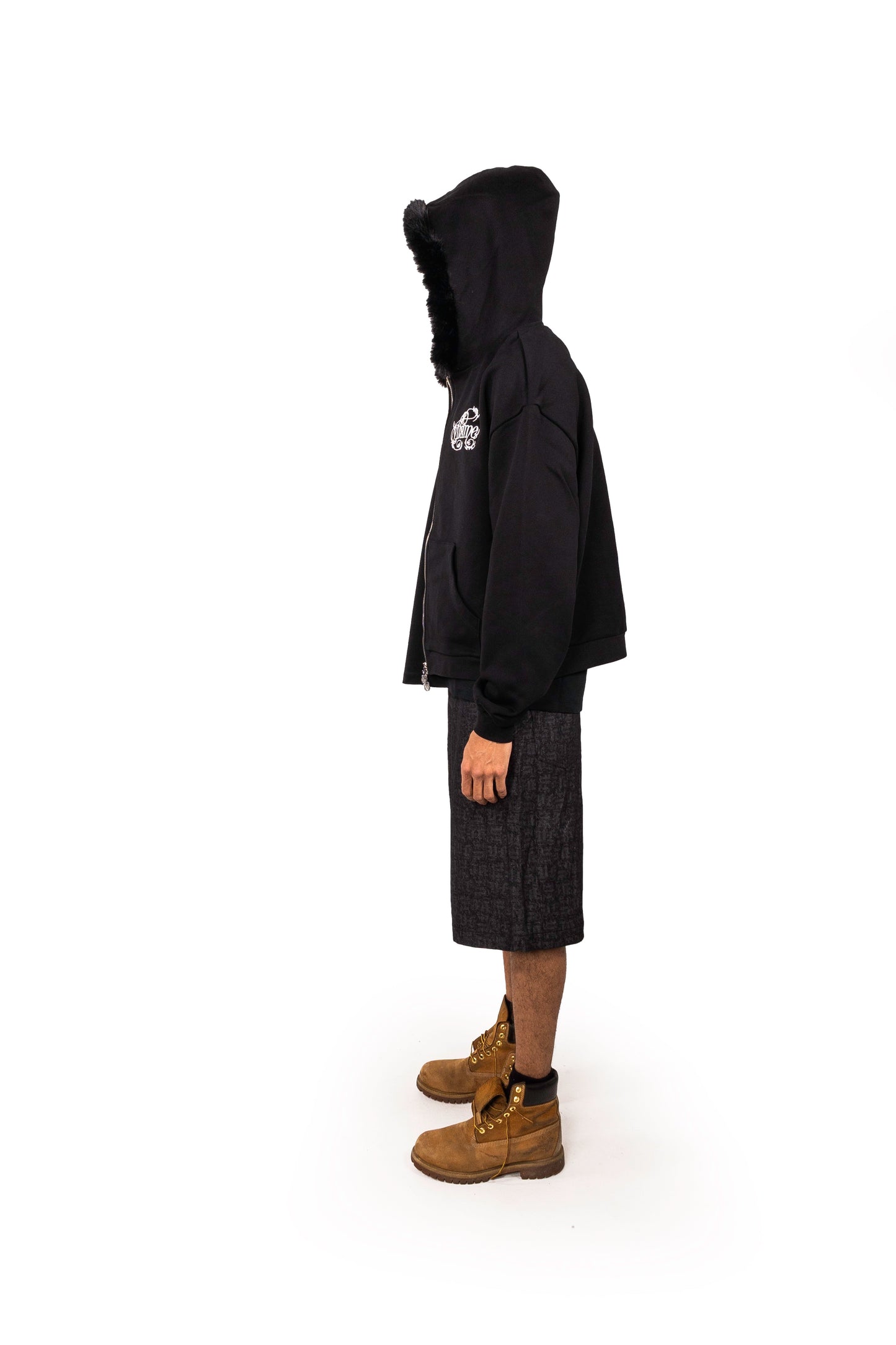 BLACK ZIP UP FUR HOODIE