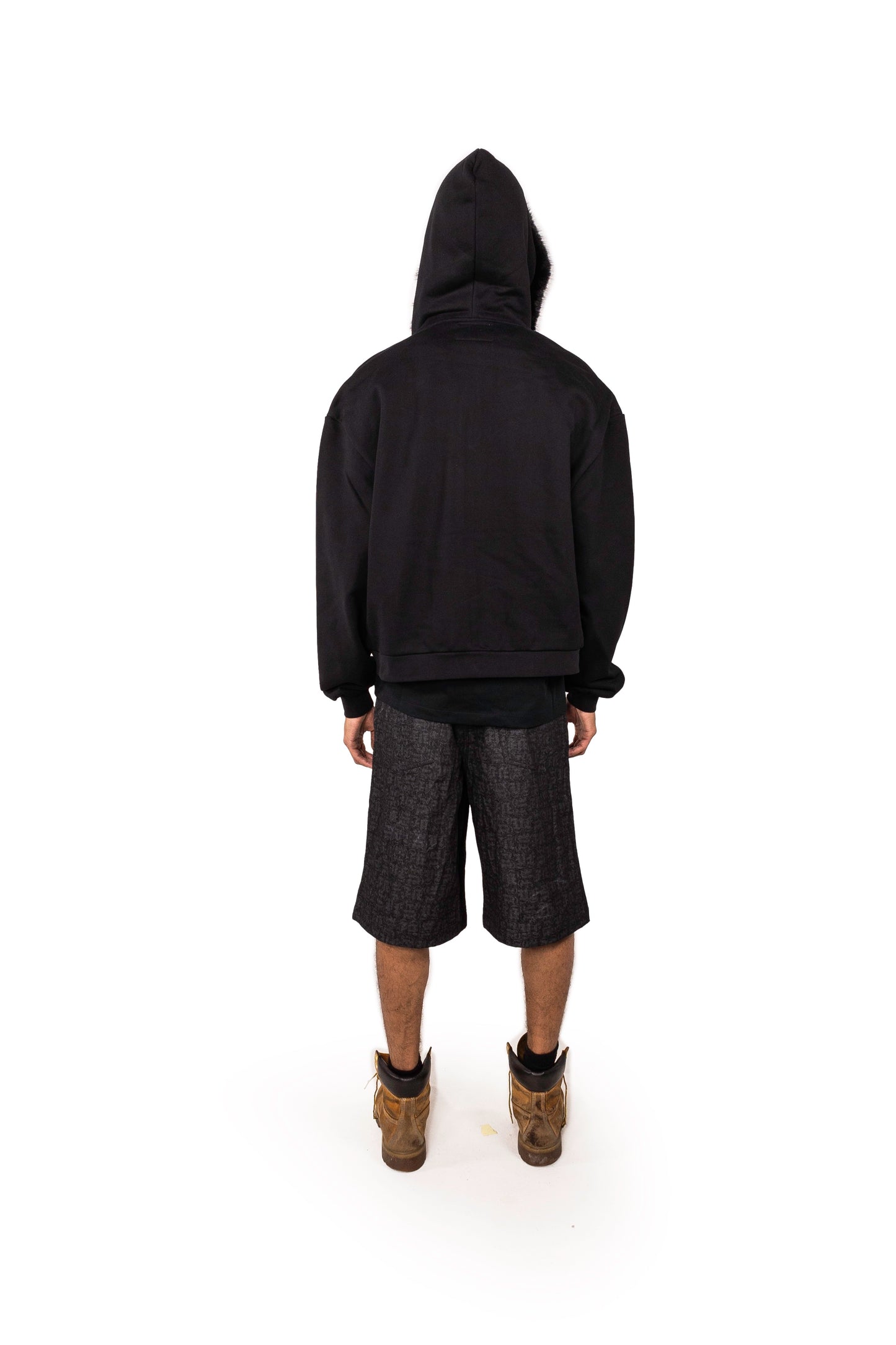 BLACK ZIP UP FUR HOODIE