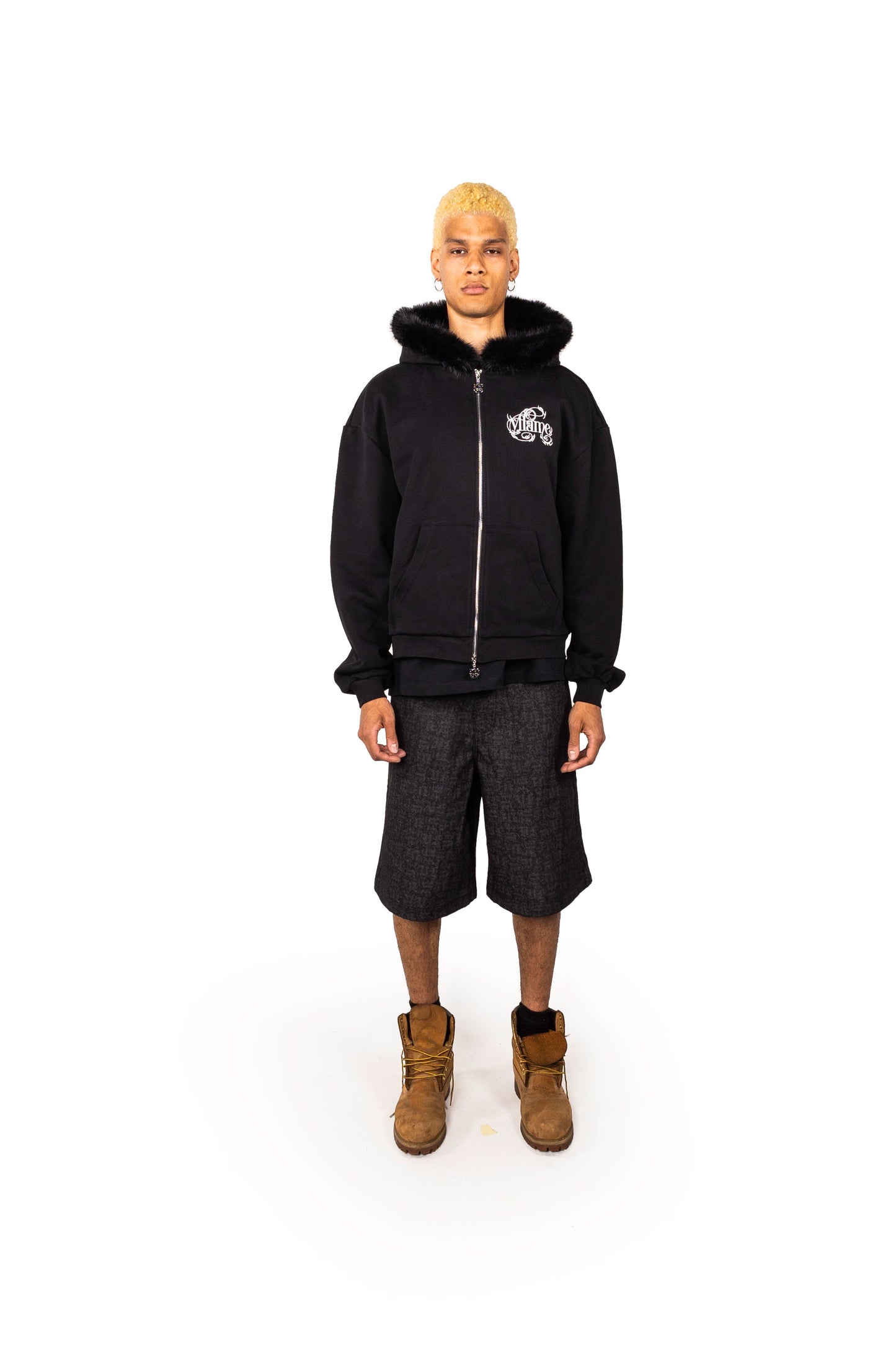 BLACK ZIP UP FUR HOODIE