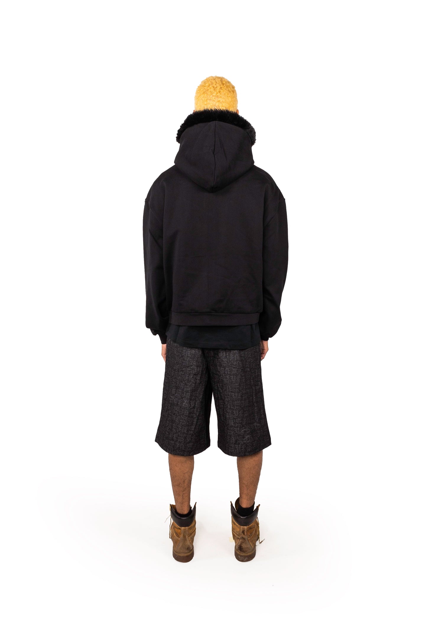 BLACK ZIP UP FUR HOODIE