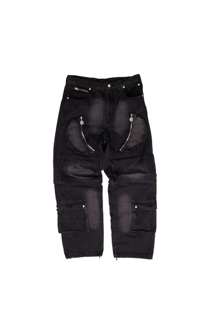 BLACK DENIM DETACHABLE CARGO PANTS