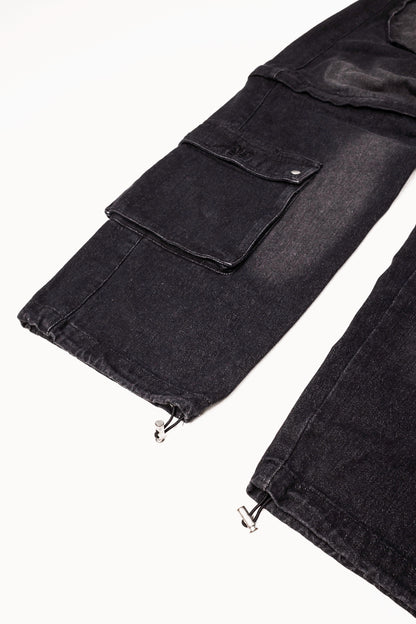 BLACK DENIM DETACHABLE CARGO PANTS