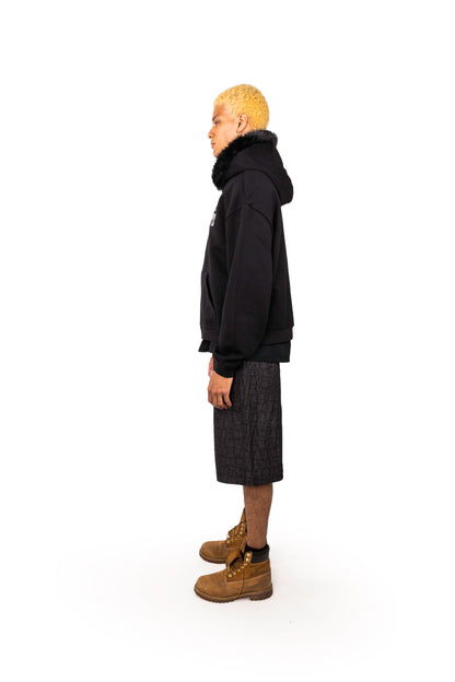 BLACK ZIP UP FUR HOODIE
