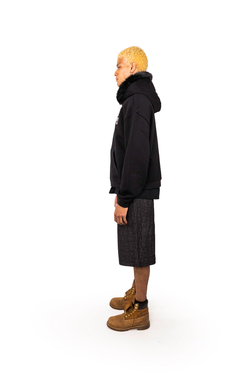 BLACK ZIP UP FUR HOODIE hover image