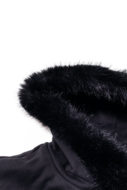 BLACK ZIP UP FUR HOODIE